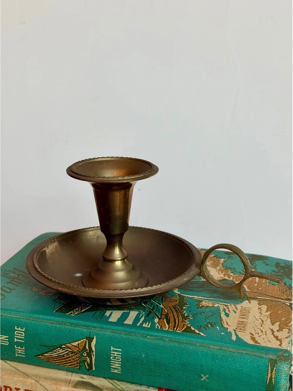 Vintage Brass Chamberstick Candle Holder Taj Mahal India Finger Loop Handle